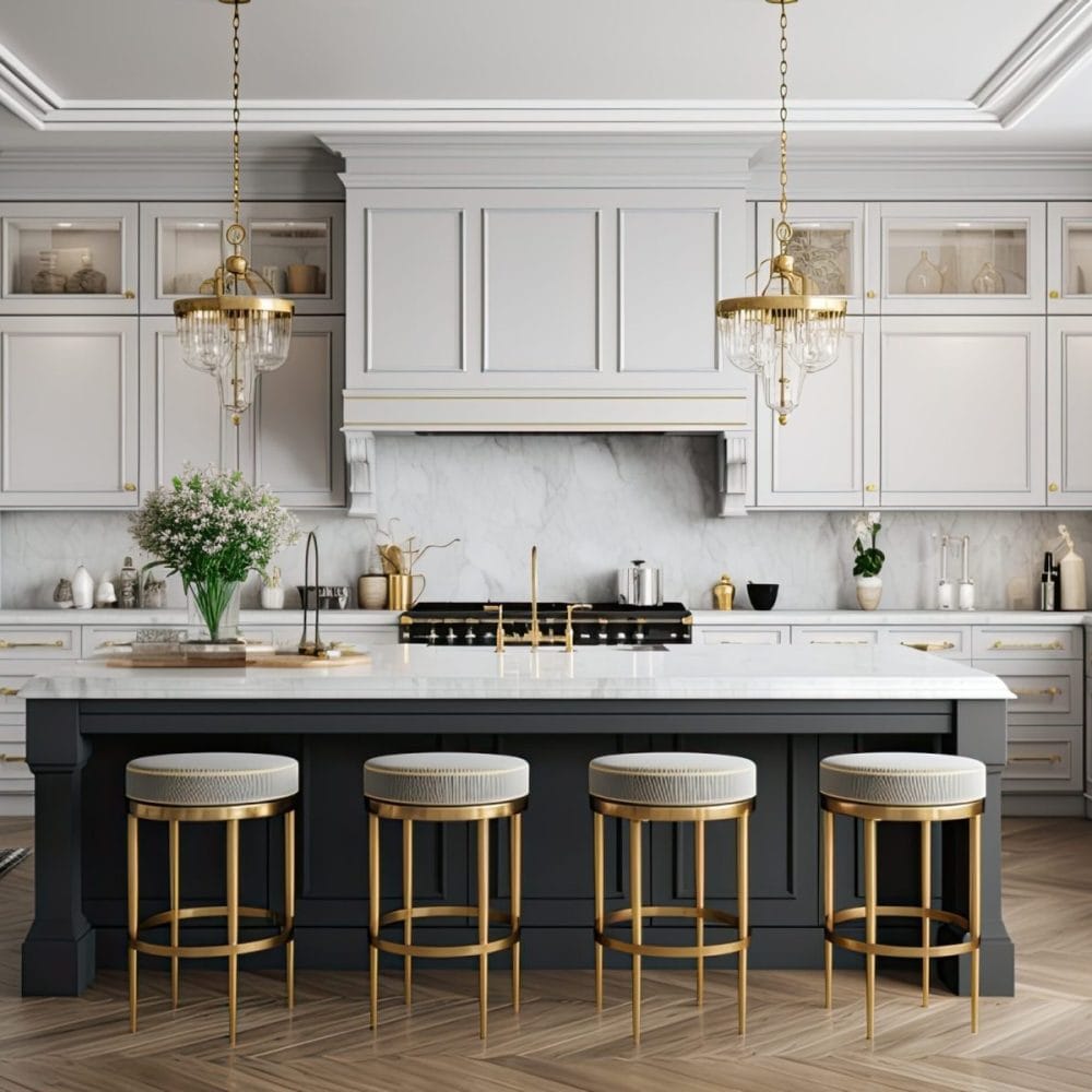 A luxurious kitchen with a large island, gold faucet and sputnik chandelier, stainless steel appliances, and white marble countertops Created with Generative AI technology
