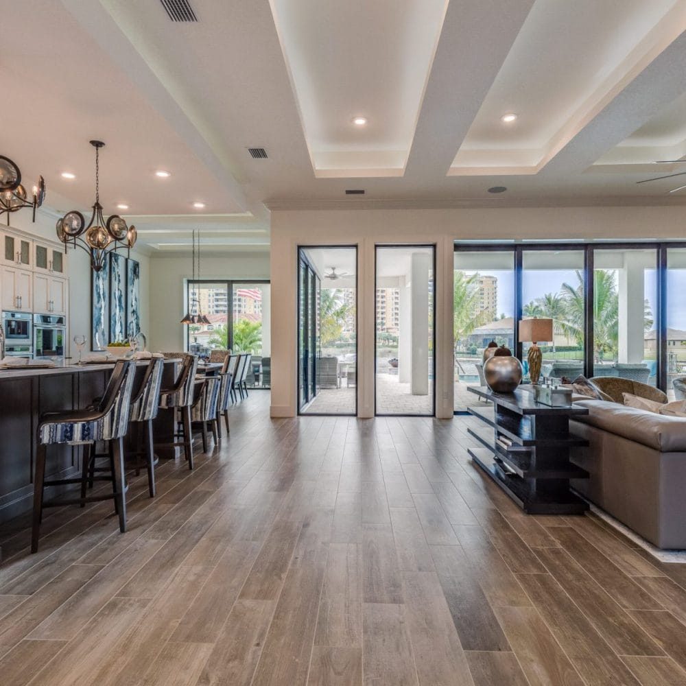 Hardwood floor in open floor plan home